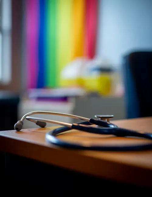 A stethoscope resting on a wooden desk in a consulting room, with a rainbow-coloured fabric hanging softly out of focus behind it