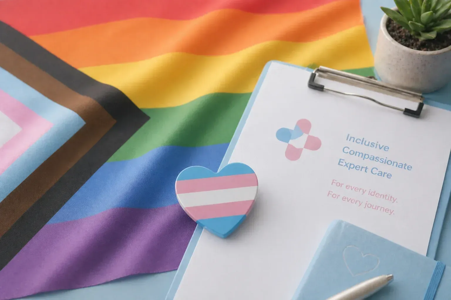 A progress pride flag with a small transgender pride heart badge resting on it, beside a clipboard sheet that reads Inclusive Compassionate Expert Care, for every identity, for every journey