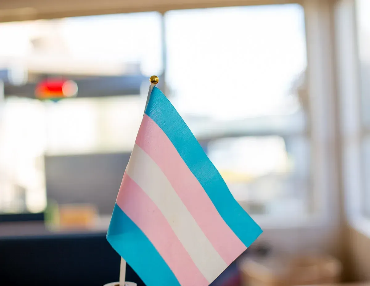 A small transgender pride flag in focus on a desk beside a sunny window