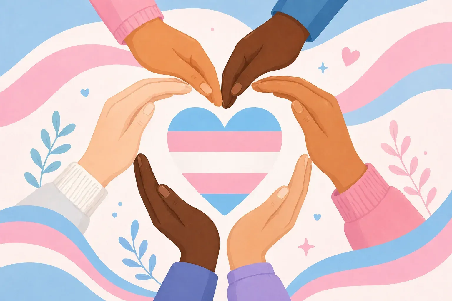 An illustration of hands of different skin tones forming a heart around a small transgender pride flag heart, on a soft blue and pink background