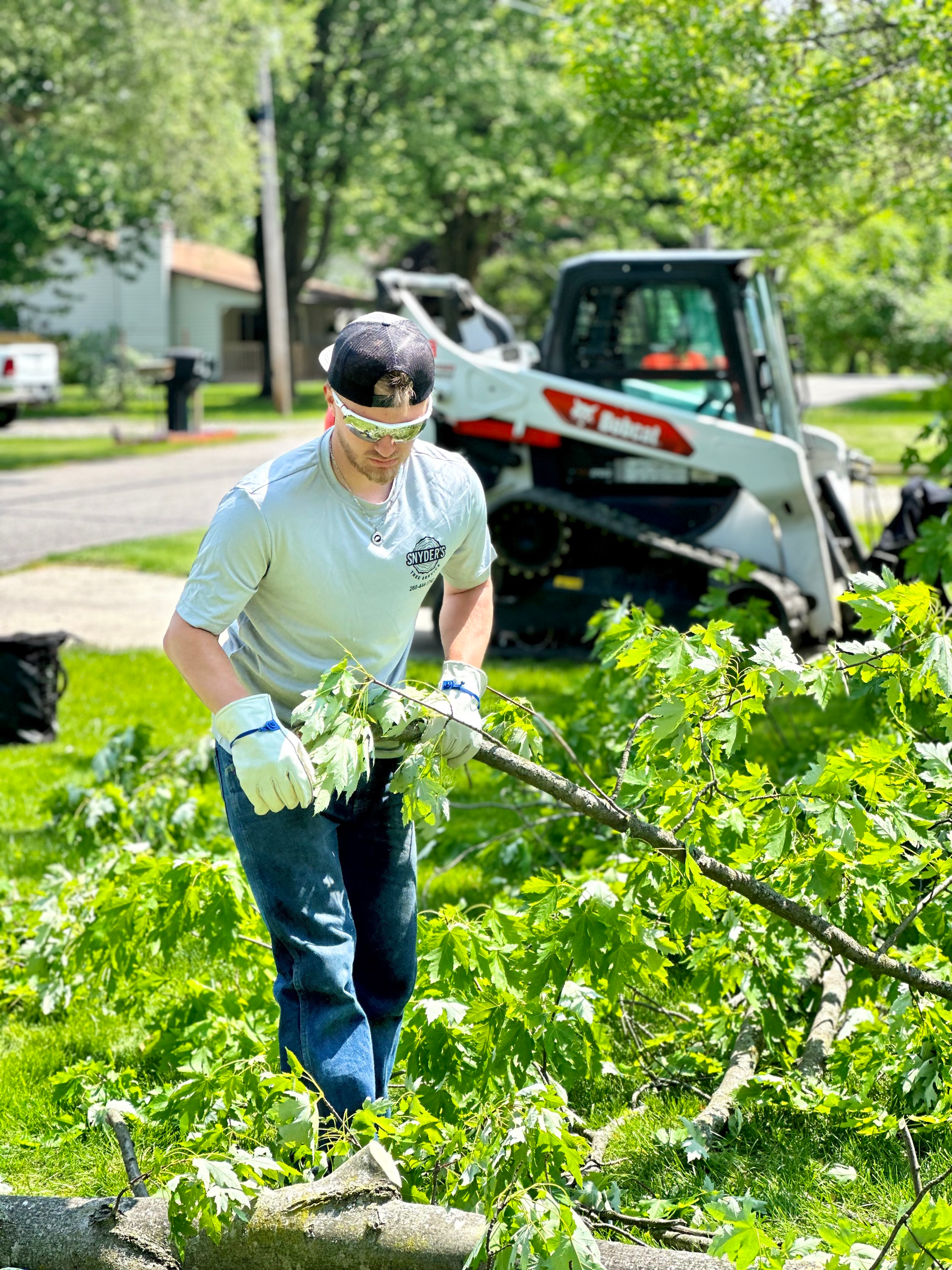 Man in gloves and safety glasses trims branches on grass, Bobcat in background.