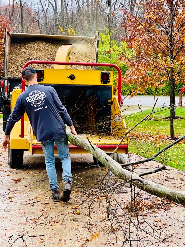 Man feeding a tree branch into a wood chipper; wood chips blowing out; fall foliage in the background.