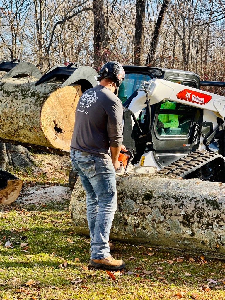 Man using chainsaw on a log near a Bobcat skid steer in a wooded area.