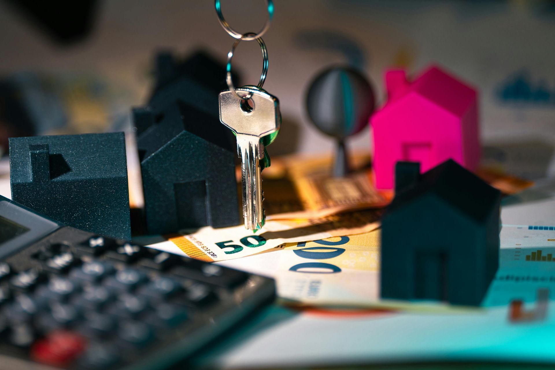 Keys on a house-shaped keyring hanging over miniature colorful house models on a tabletop