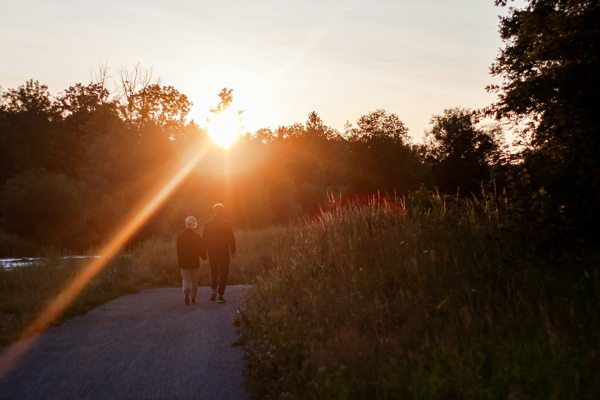 Two people walking on a path at sunset with trees and tall grass