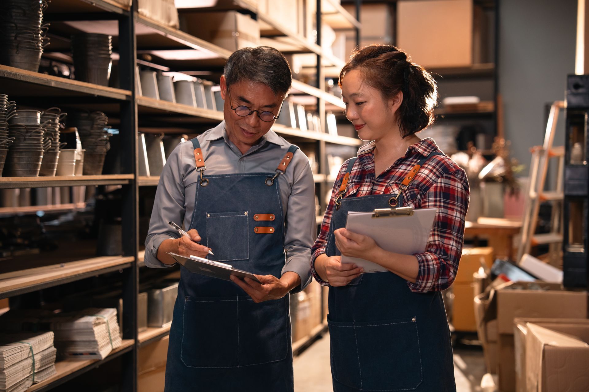Two people in aprons reviewing a tablet in a storage aisle lined with shelves and boxes