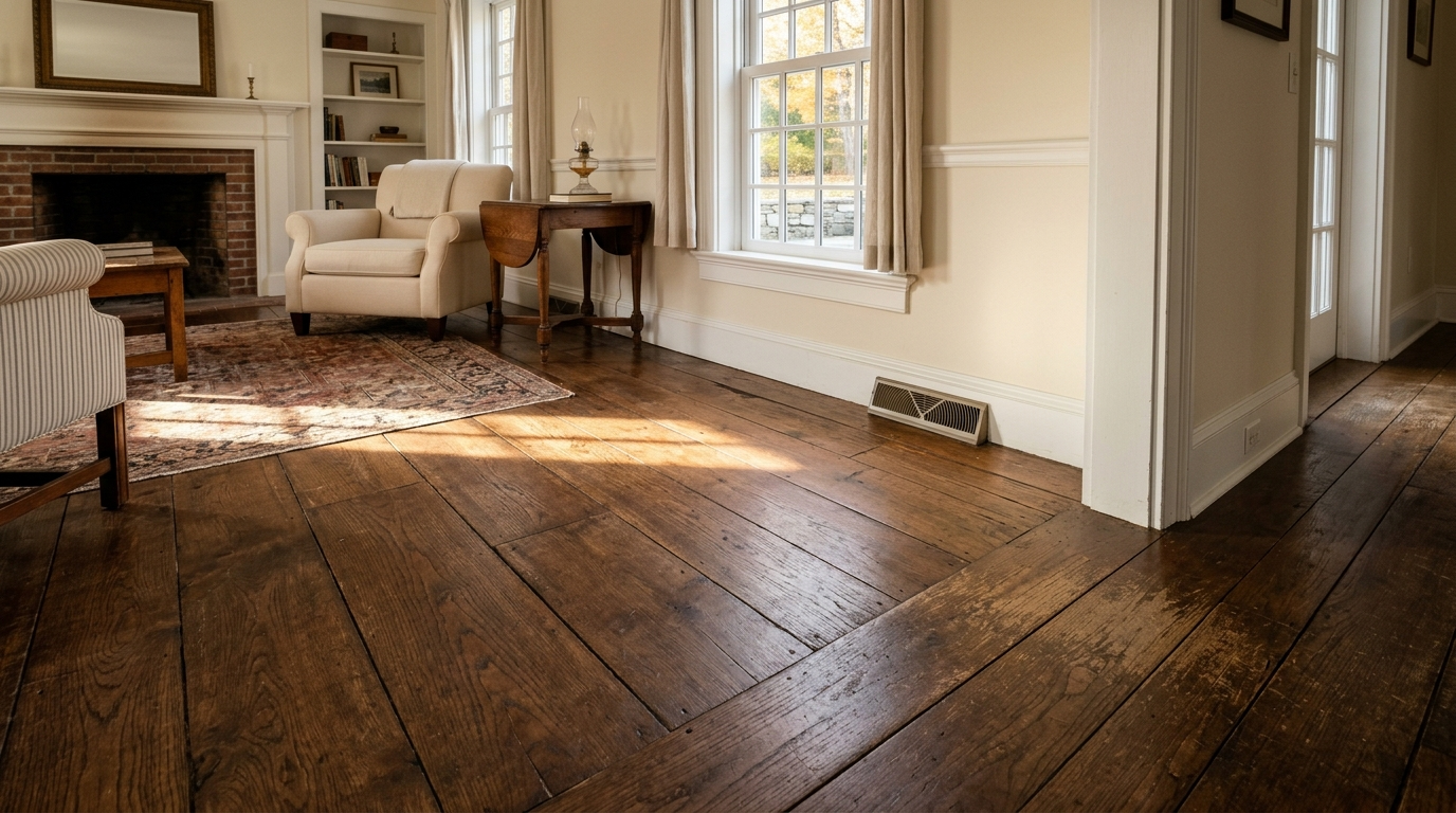 rustic hardwood flooring with the top coating completely worn off