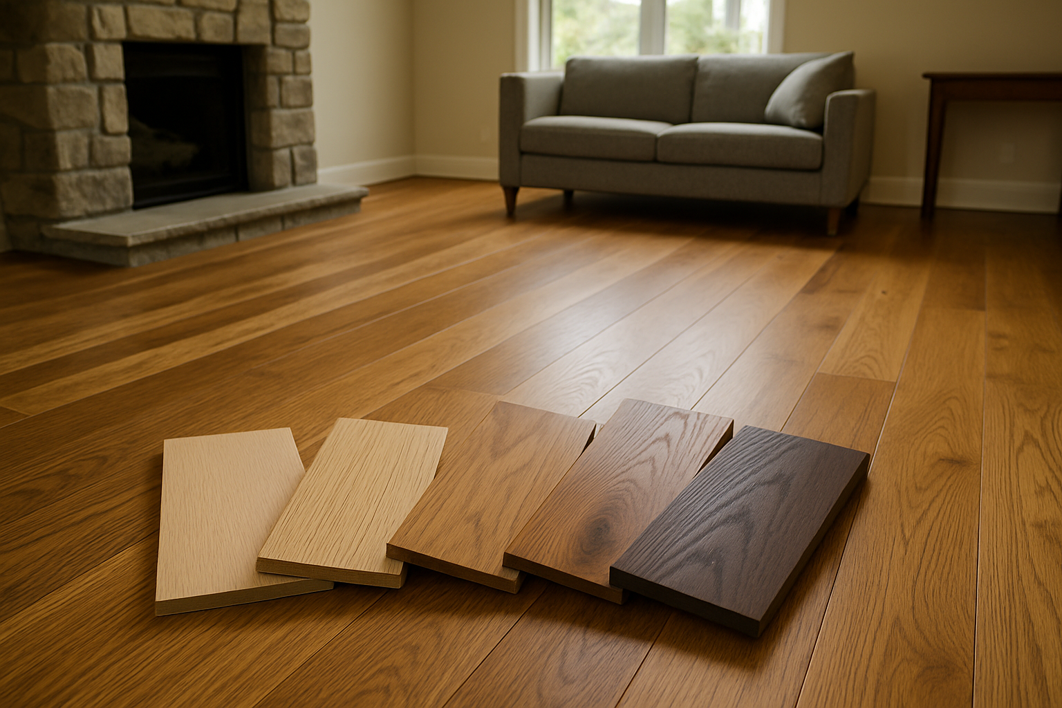 Wooden floor samples laid on a hardwood floor in a room with a fireplace, sofa, and small table.