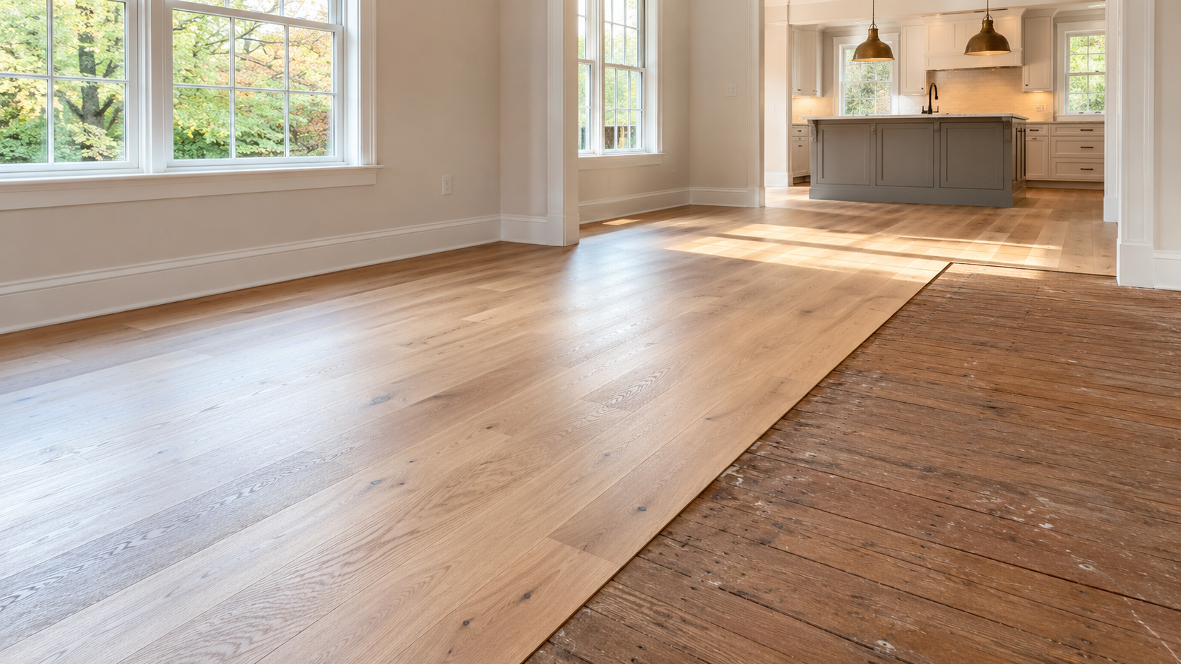 Spacious room with hardwood floor being refinished, bright windows, and a kitchen in the background