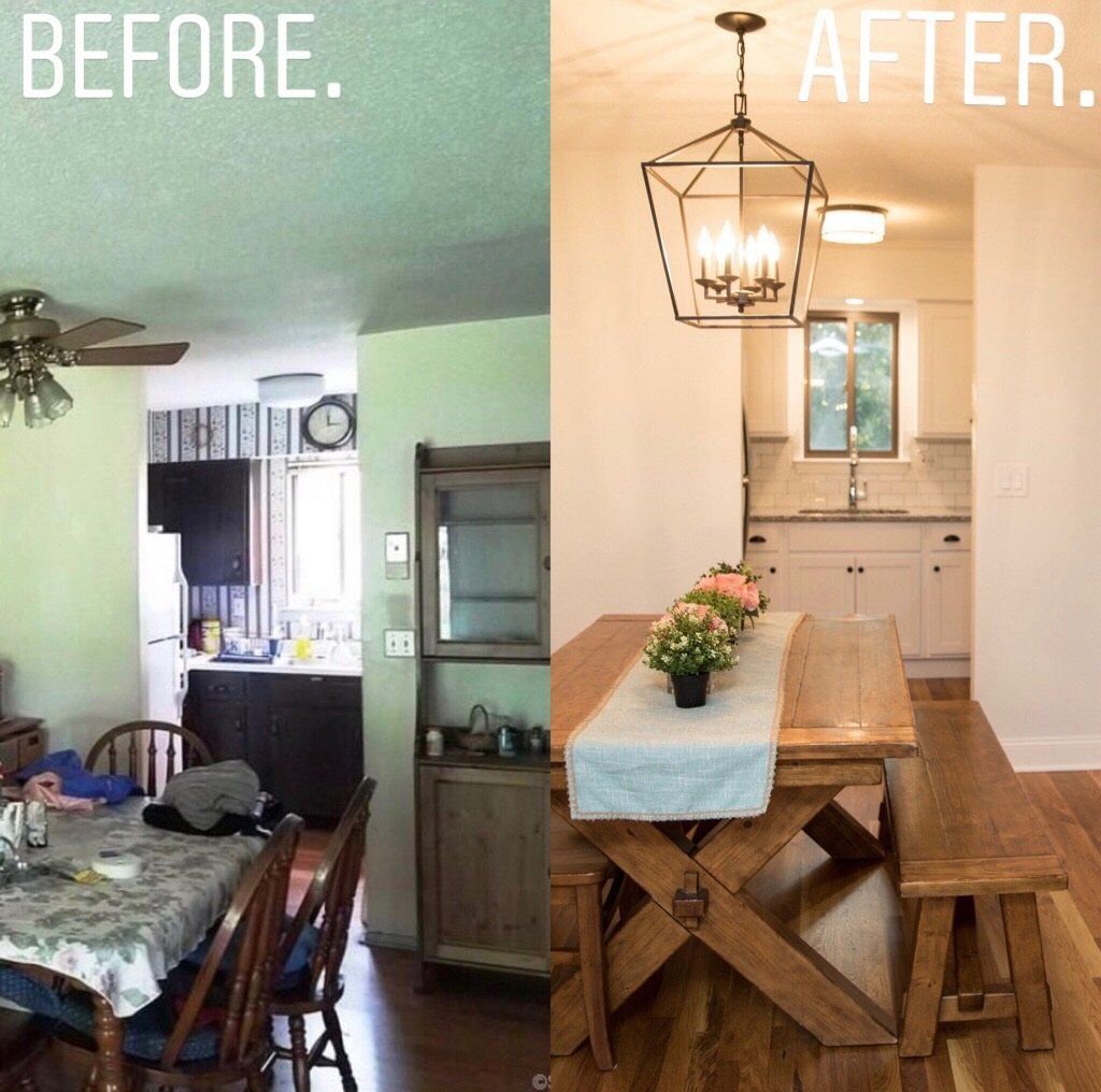 Before and after dining room renovation: old kitchen, dark cabinets vs. new white cabinets, wooden table, lantern light.