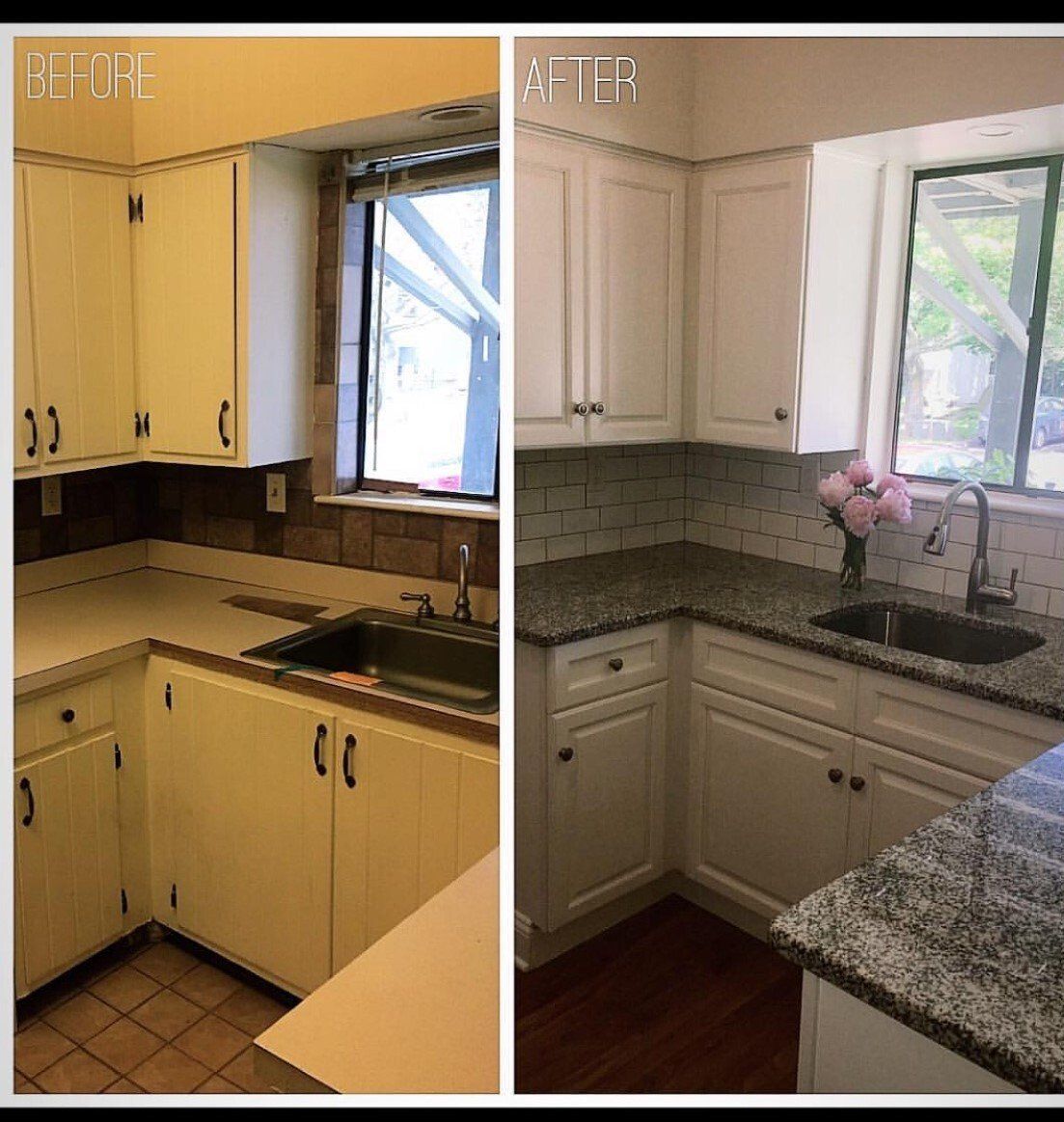 Kitchen renovation before and after. Beige cabinets replaced with white, new countertops, backsplash.