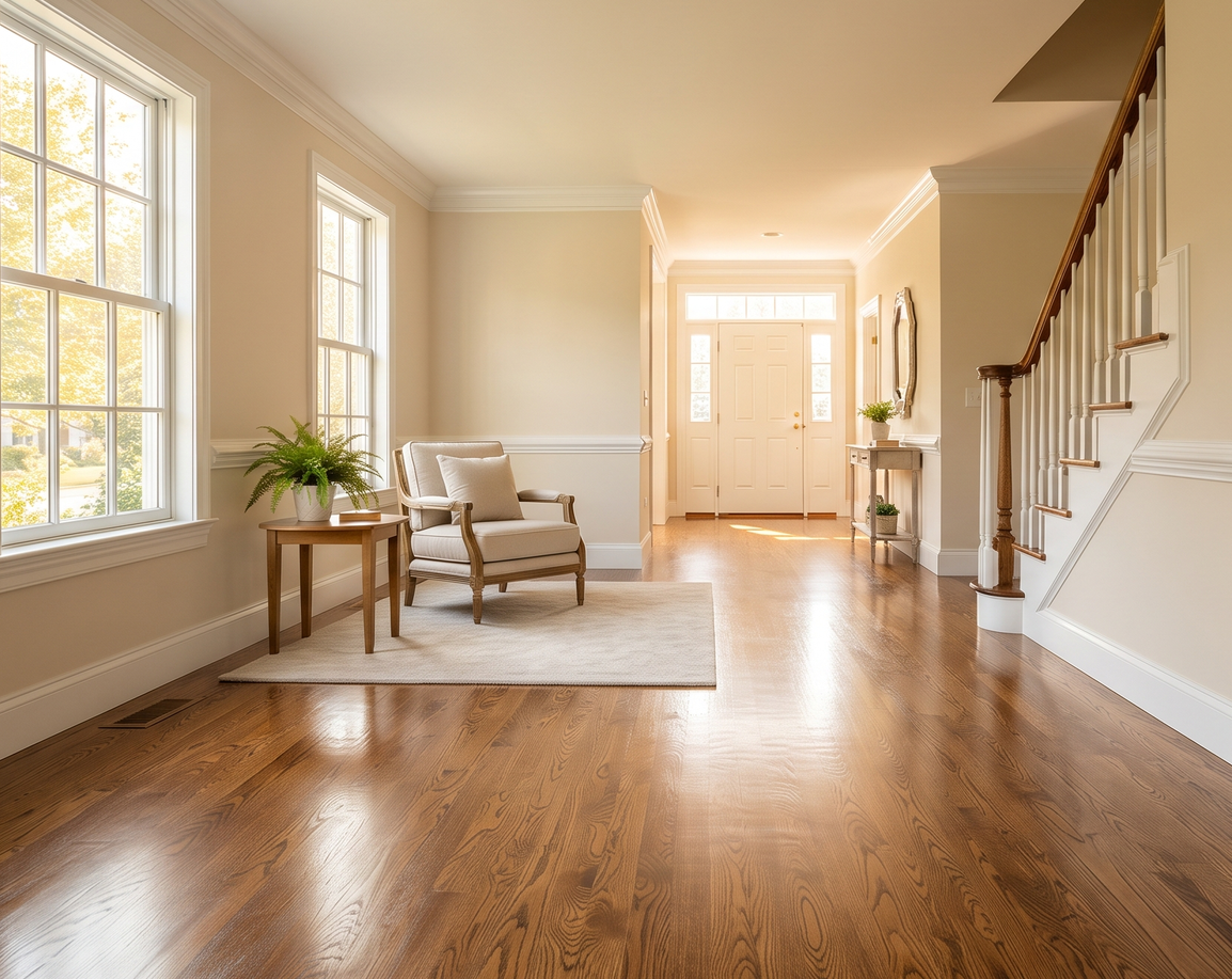 Bright living room with hardwood floors, beige walls, and a staircase; close-up of wood flooring texture.