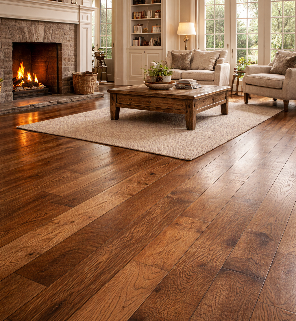 Warm hardwood floor in living room with fireplace, rug, and furniture.