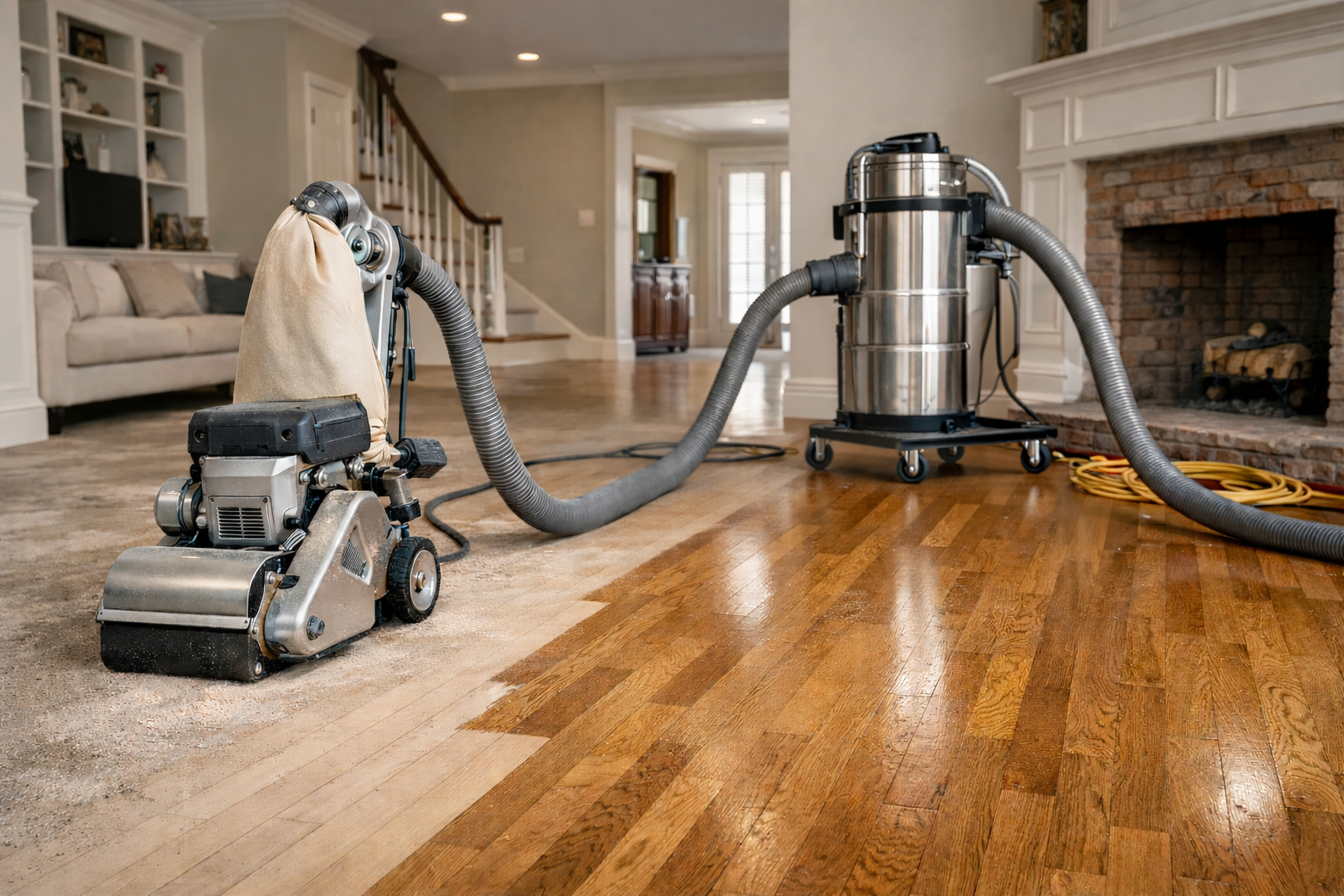 Floor sander and vacuum sanding hardwood floor in a home.
