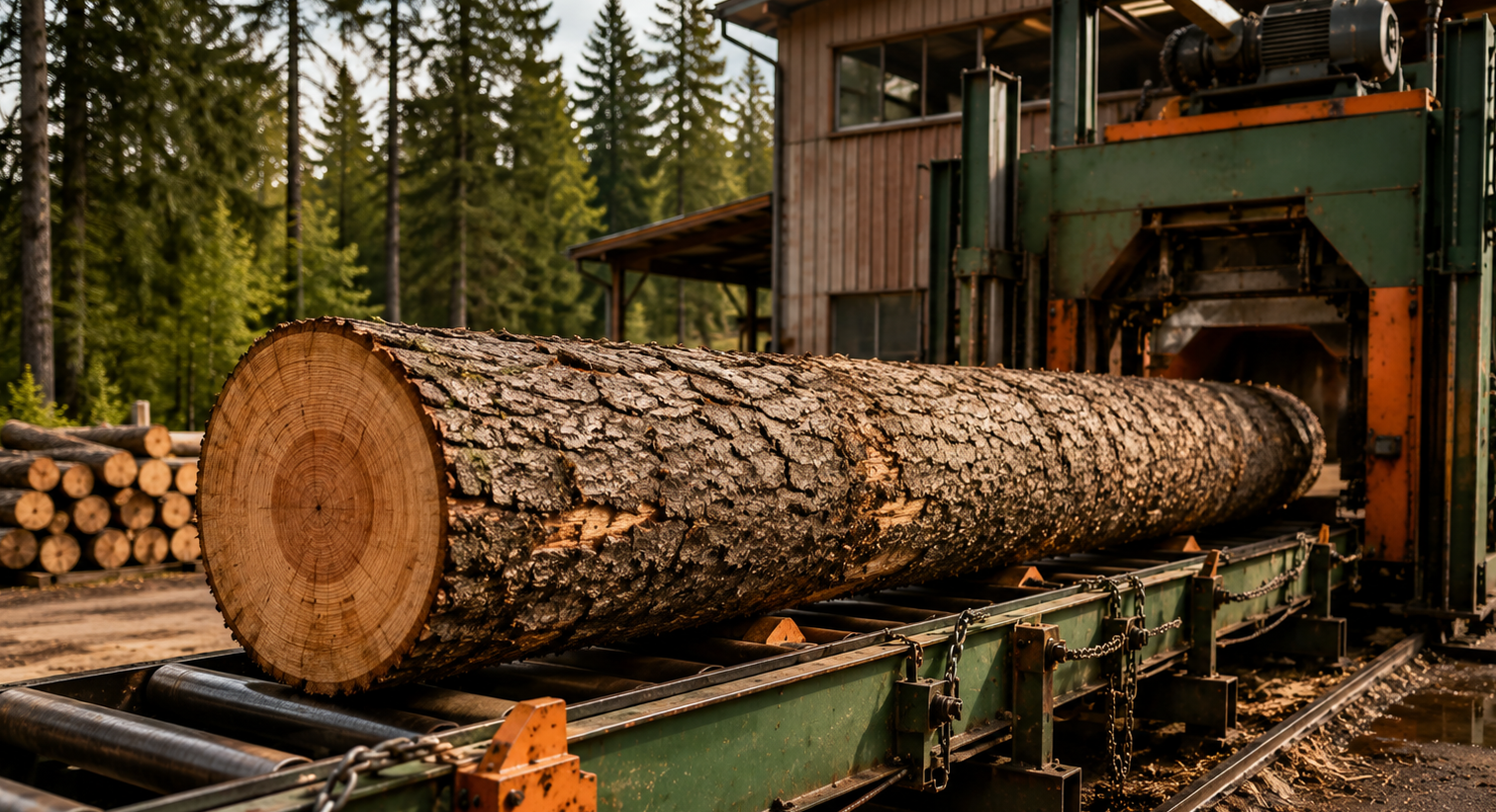 Log yard sawmill with a large log on conveyor rollers beside stacked timber and machinery.