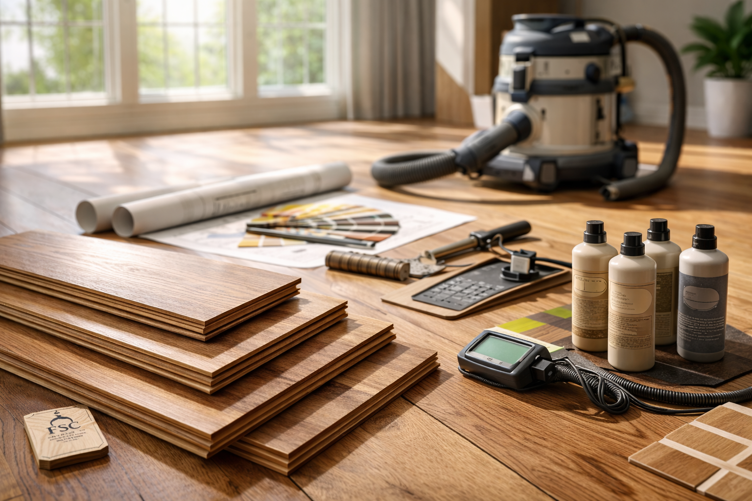 Wooden floor installation materials and tools on a hardwood floor, including planks, a vacuum, and finishing products.
