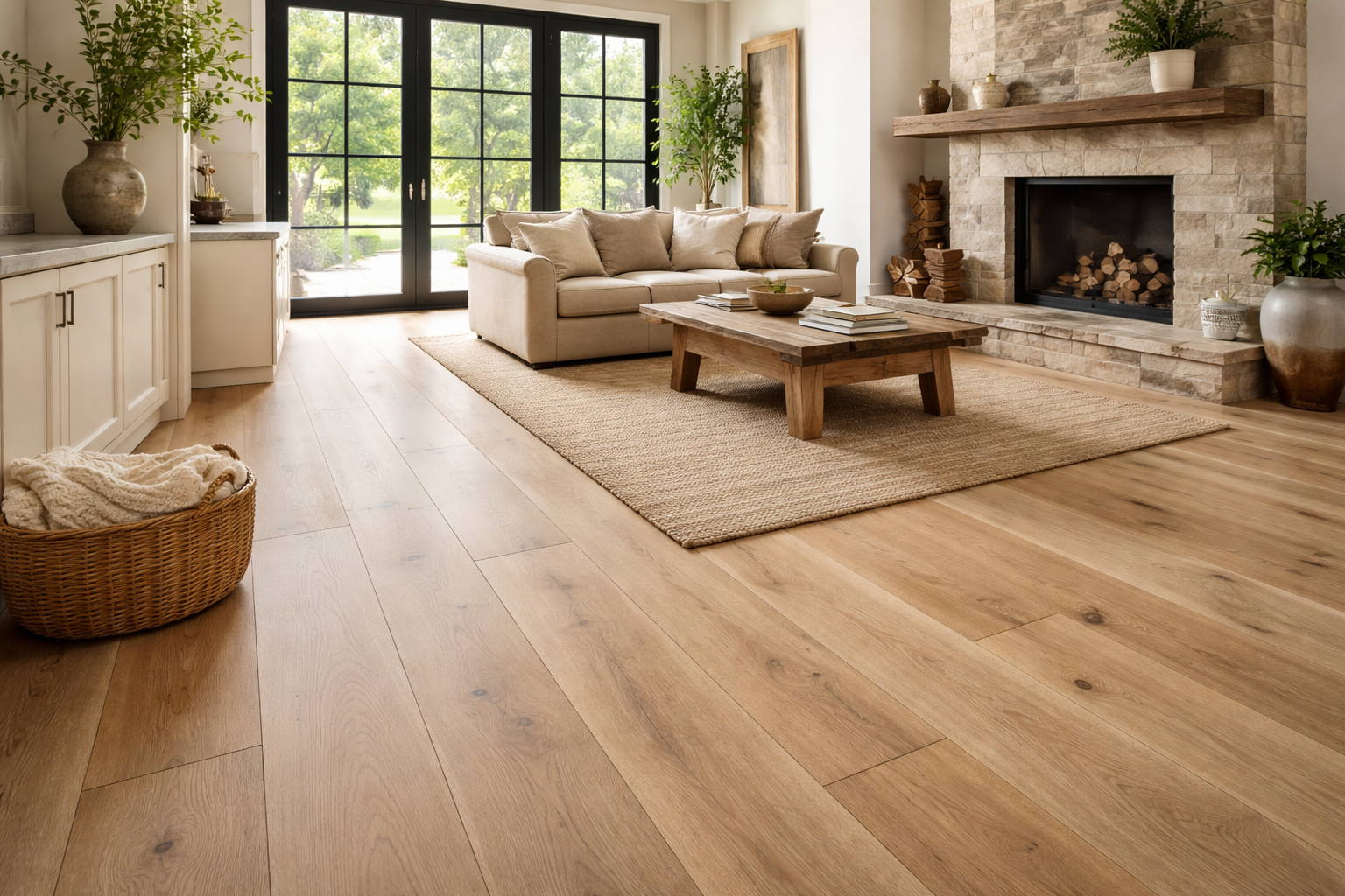 Living room with light wood floors, rug, sofa, fireplace, and large windows.