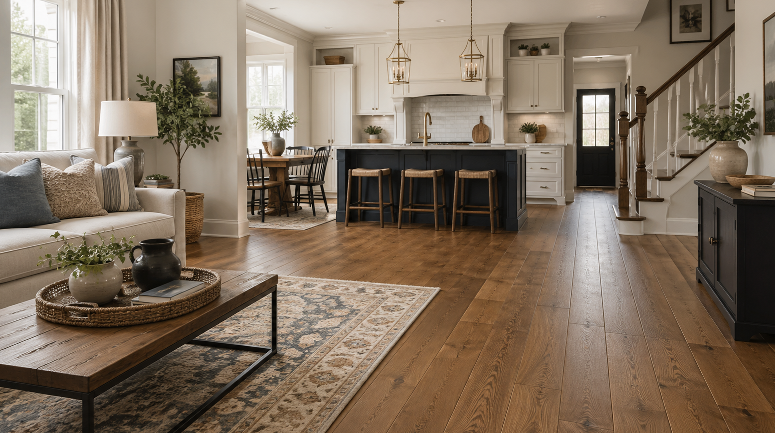 Bright open-concept living room and kitchen with wood floors, neutral decor, and a large island.