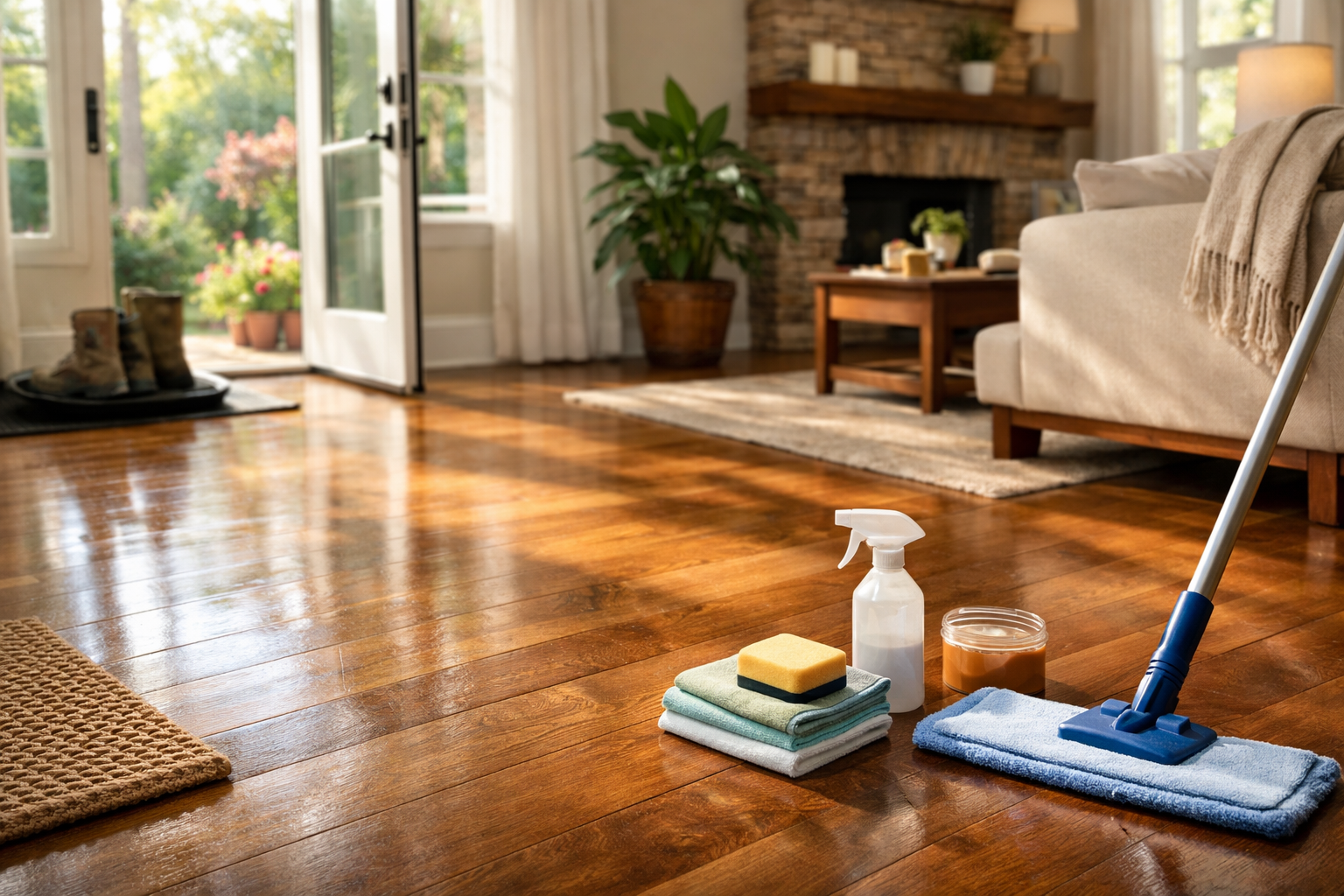 Wooden floor being cleaned with mop and cleaning supplies in a sunlit living room.