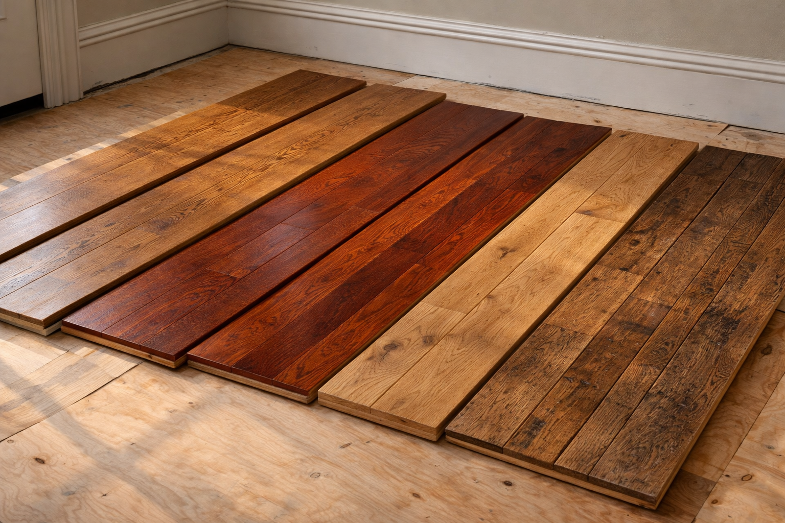 Wooden floorboards in various colors arranged on a hardwood floor for comparison.
