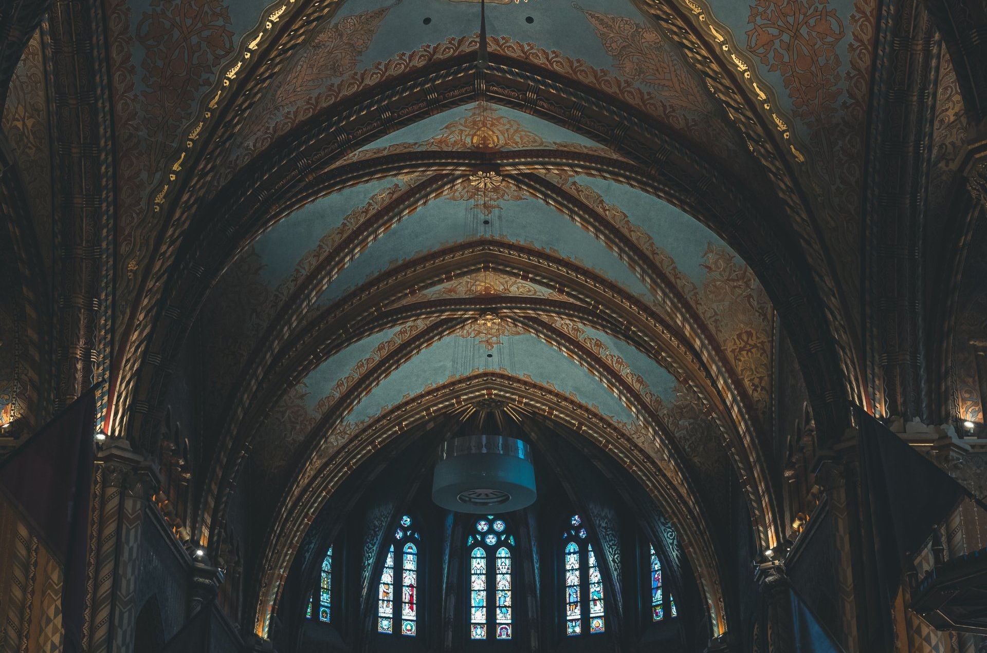 Intricate decorative ceiling with intricate hardwood inlays in a church built during the Renaissance period.