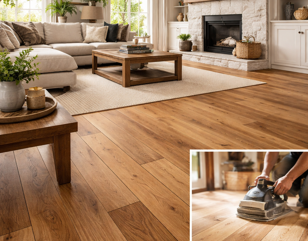 Wooden floor in living room with a person sanding in the inset image.