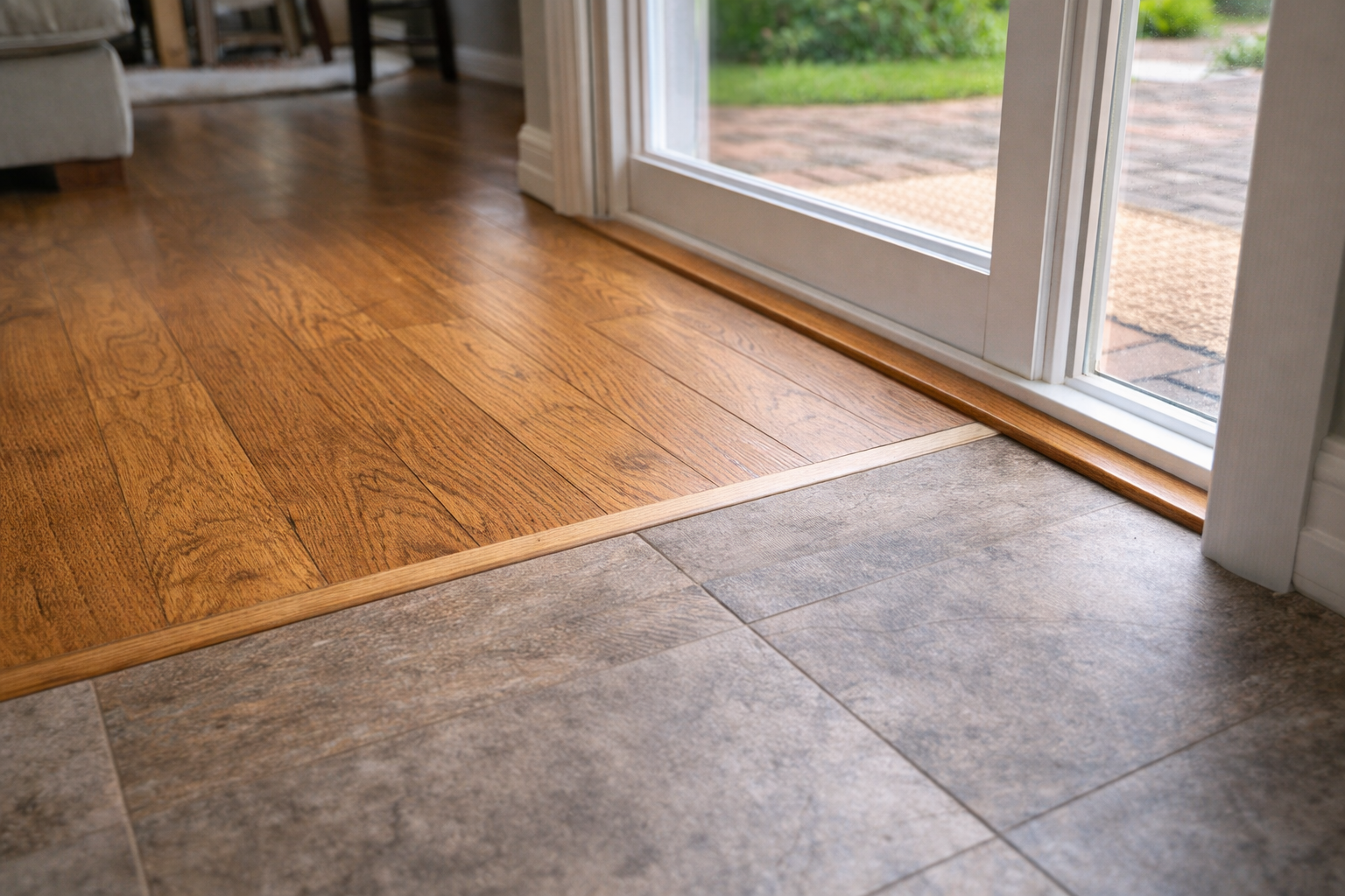 A transition strip separating wood flooring from gray stone-look tiles by a glass sliding door.