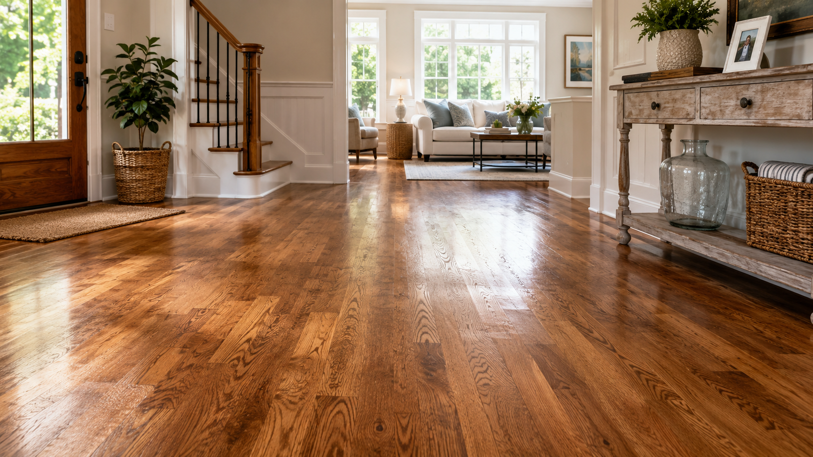 Sunlit living room with polished hardwood floors, staircase, fireplace, and large windows.