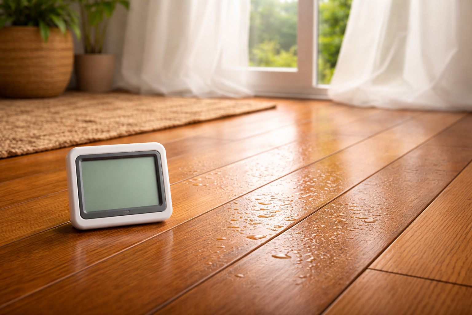A white digital monitor sits on a wet hardwood floor near a woven rug and a window with white curtains.