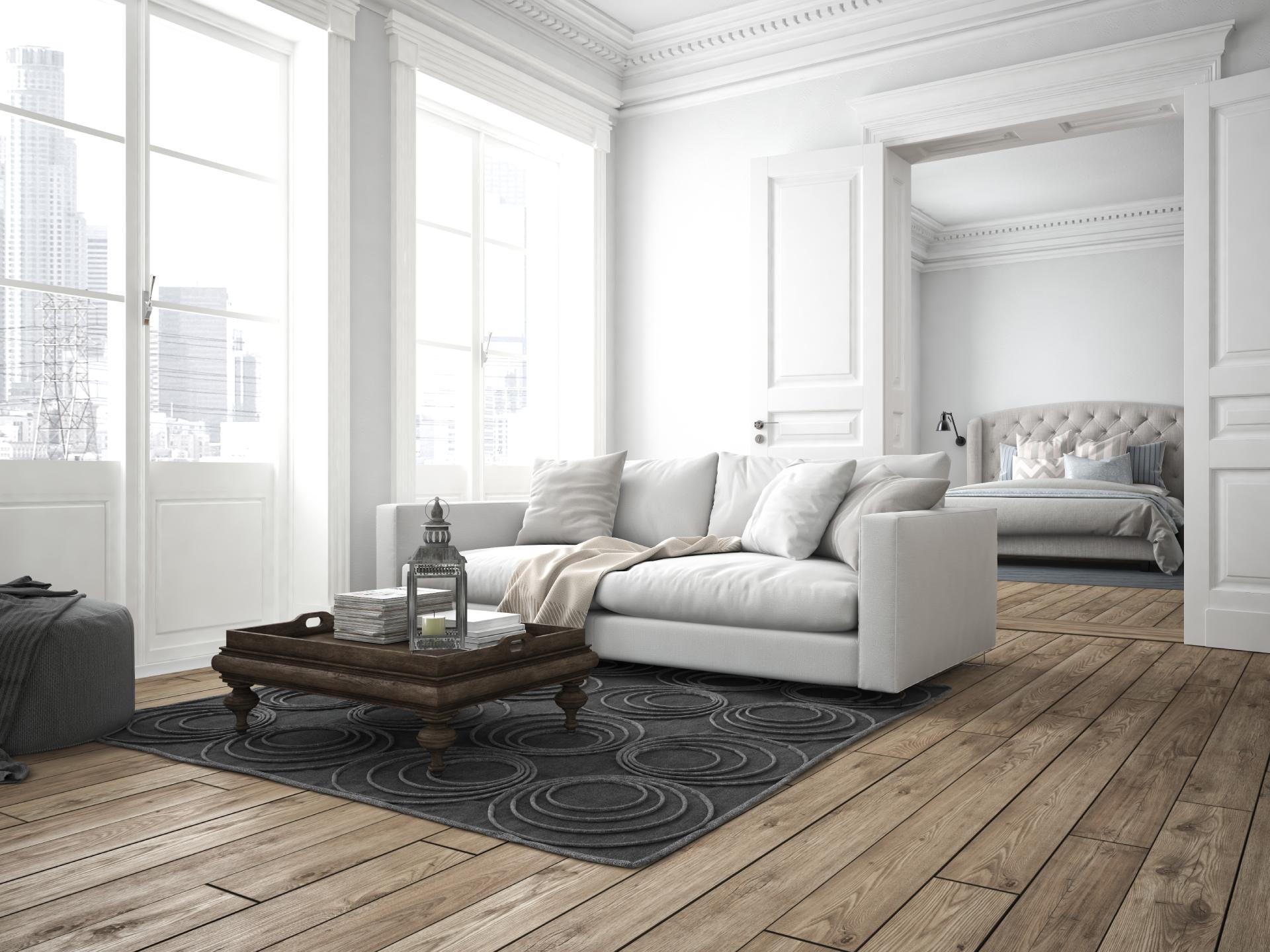 Soggiorno luminoso e bianco con divano grigio, pavimento in legno, tappeto a motivi geometrici e specchio decorato attraverso una porta aperta.