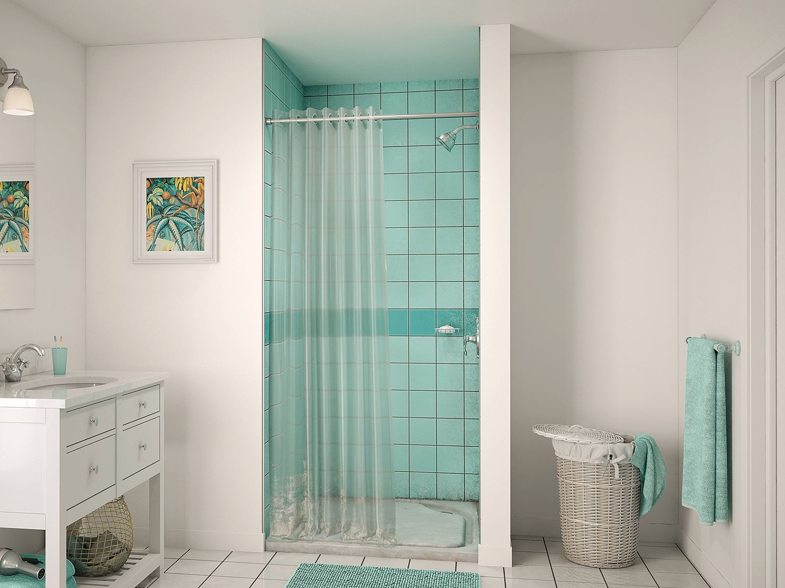 
Refreshing Coastal-Themed Bathroom with Turquoise Tile