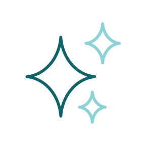 Two sparkling stars, one teal and two light blue.