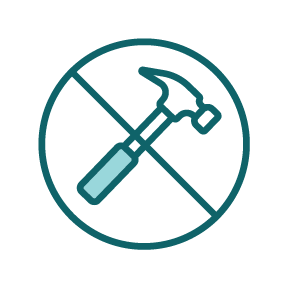 No hammering sign: hammer with turquoise handle and head inside a circle, crossed out.