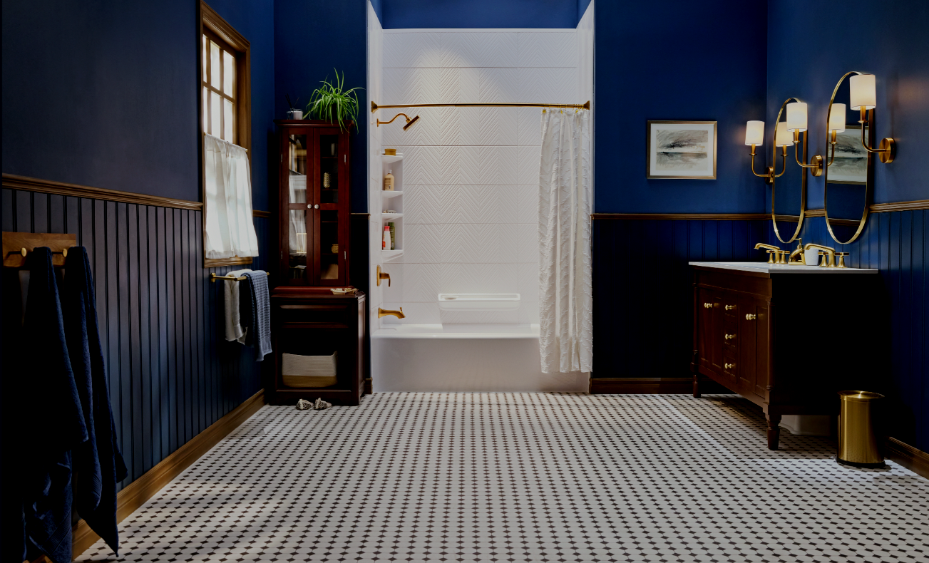 Luxury Bathroom with Bold Blue Walls and Gold Fixtures