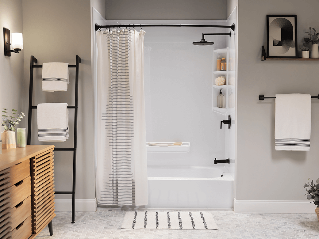 Modern Farmhouse Bathroom with Black Fixtures and Ladder Shelf