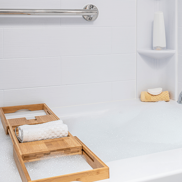 Relaxing Bubble Bath with Bamboo Bathtub Caddy