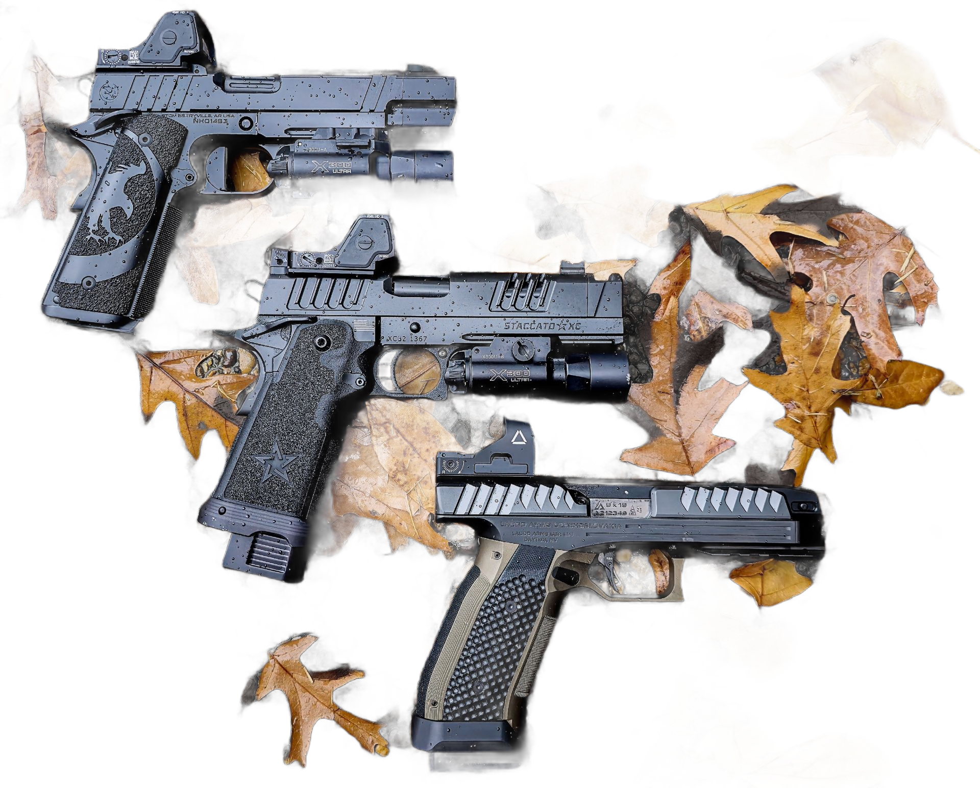 Three black handguns arranged on white paper with torn brown leaves around them.