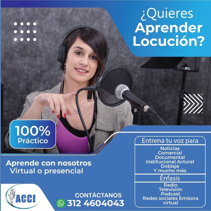 Mujer en estudio, con micrófono, aprendiendo locución. Ofrece clases virtuales y presenciales. Información de contacto.
