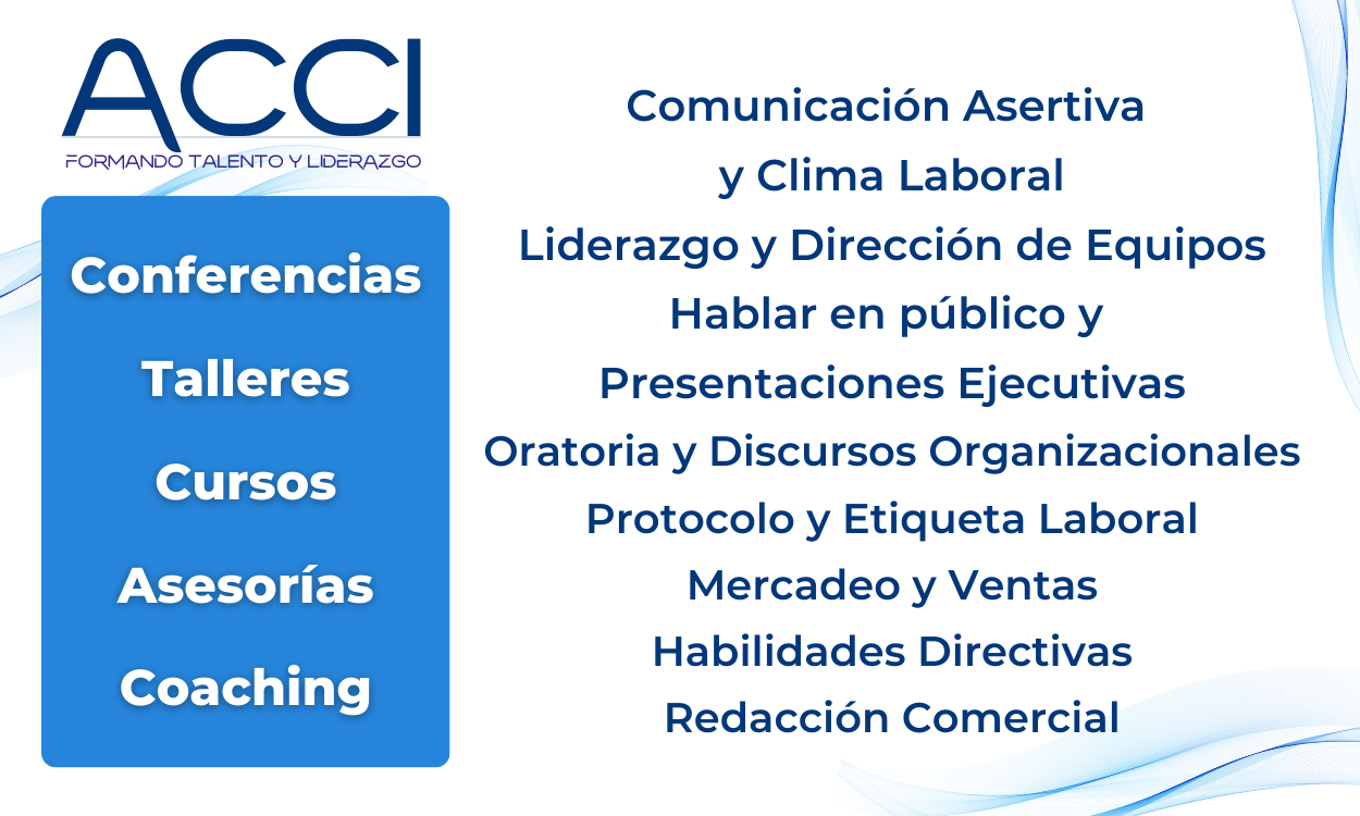 Logotipo ACCI y servicios de capacitación: Congresos, talleres, cursos, asesorías, coaching y temas relacionados.