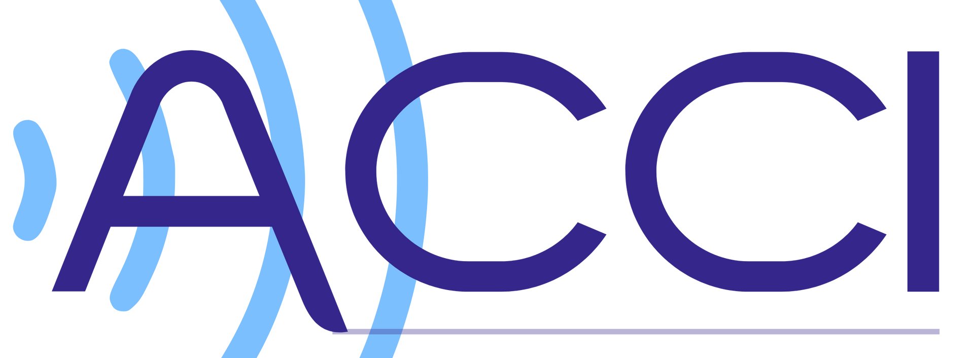 Logotipo de ACCI en azul oscuro y claro, con gráficos de ondas de sonido detrás de la primera