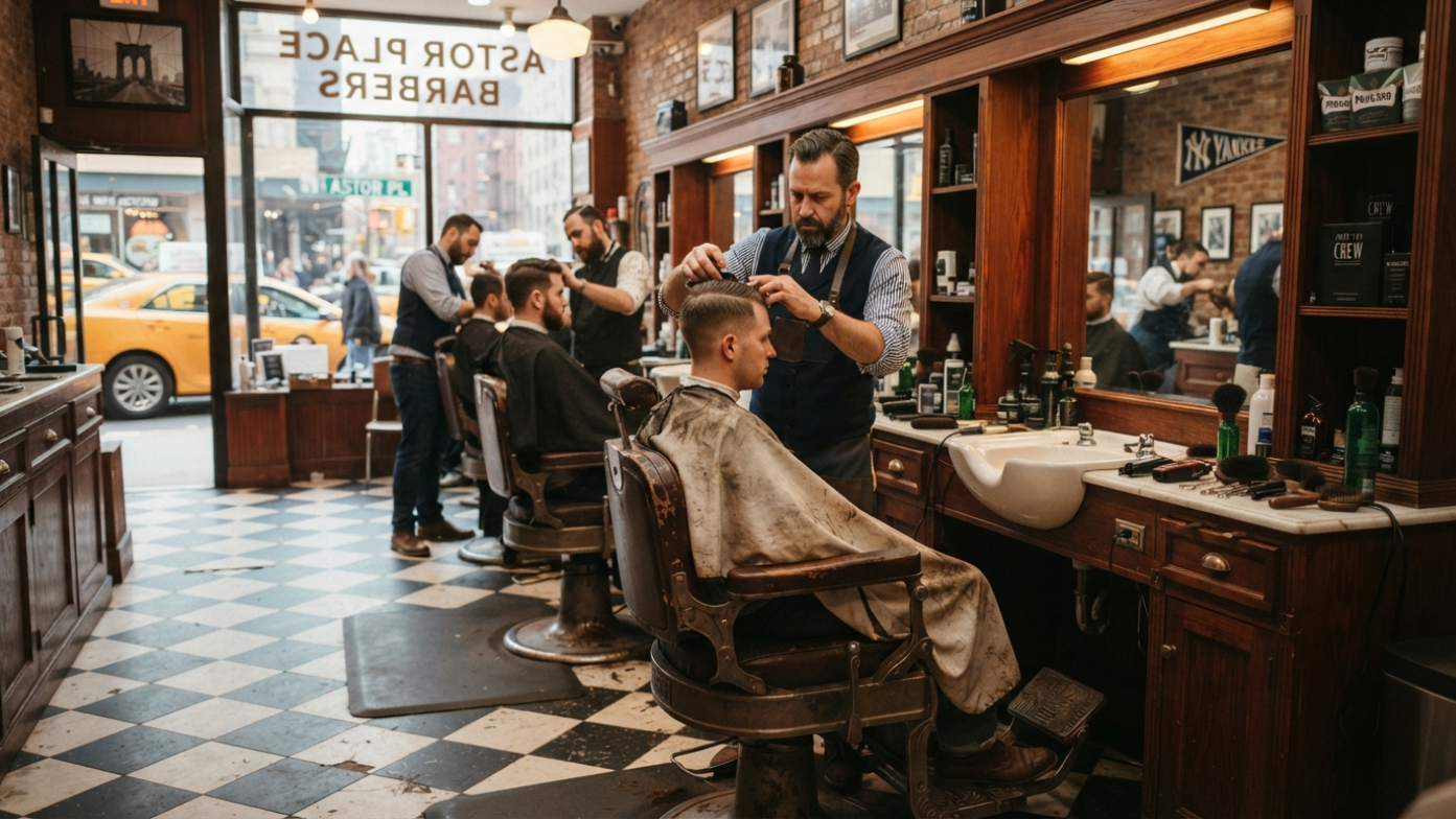 Barbershop interior with a barber cutting a customer's hair near the front window, street visible outside