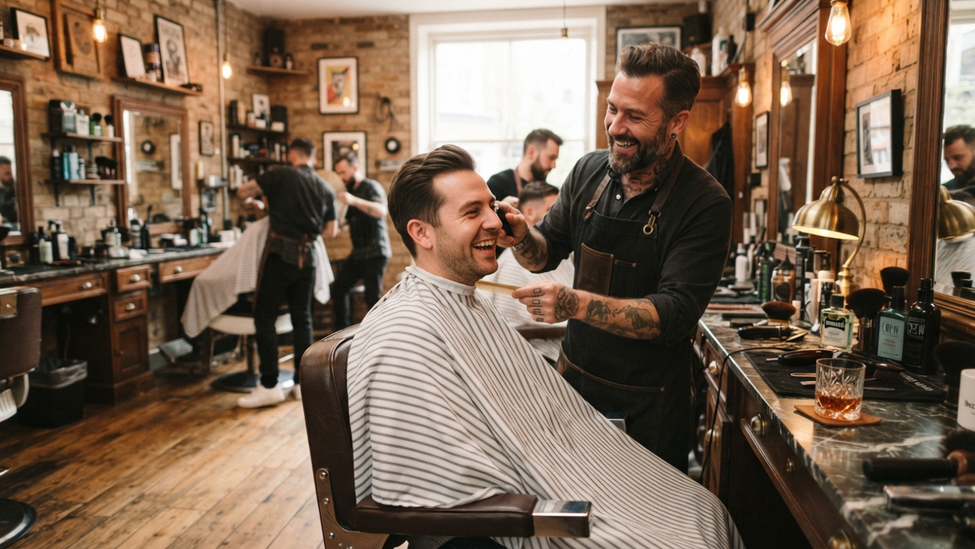 Barber trimming a seated customer’s beard in a rustic barbershop with warm lighting.
