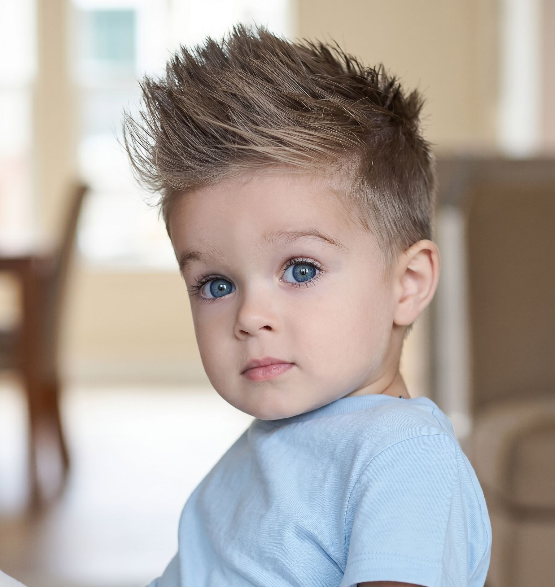 Young child with spiky hair and blue eyes wearing a light blue shirt, looking at the camera indoors