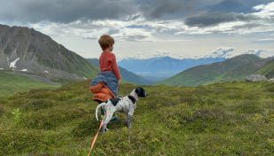 A boy and dog are on a hilltop overlooking mountains and sky.