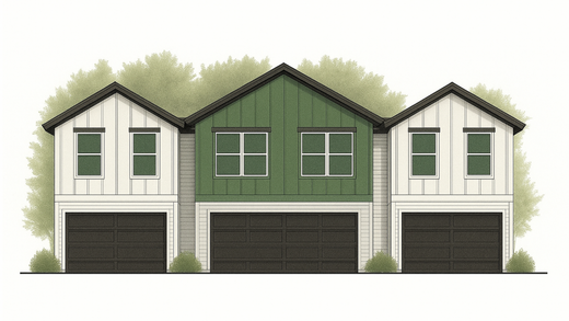 Two-story duplex with green and white siding, two-car garages, and wooden front doors.