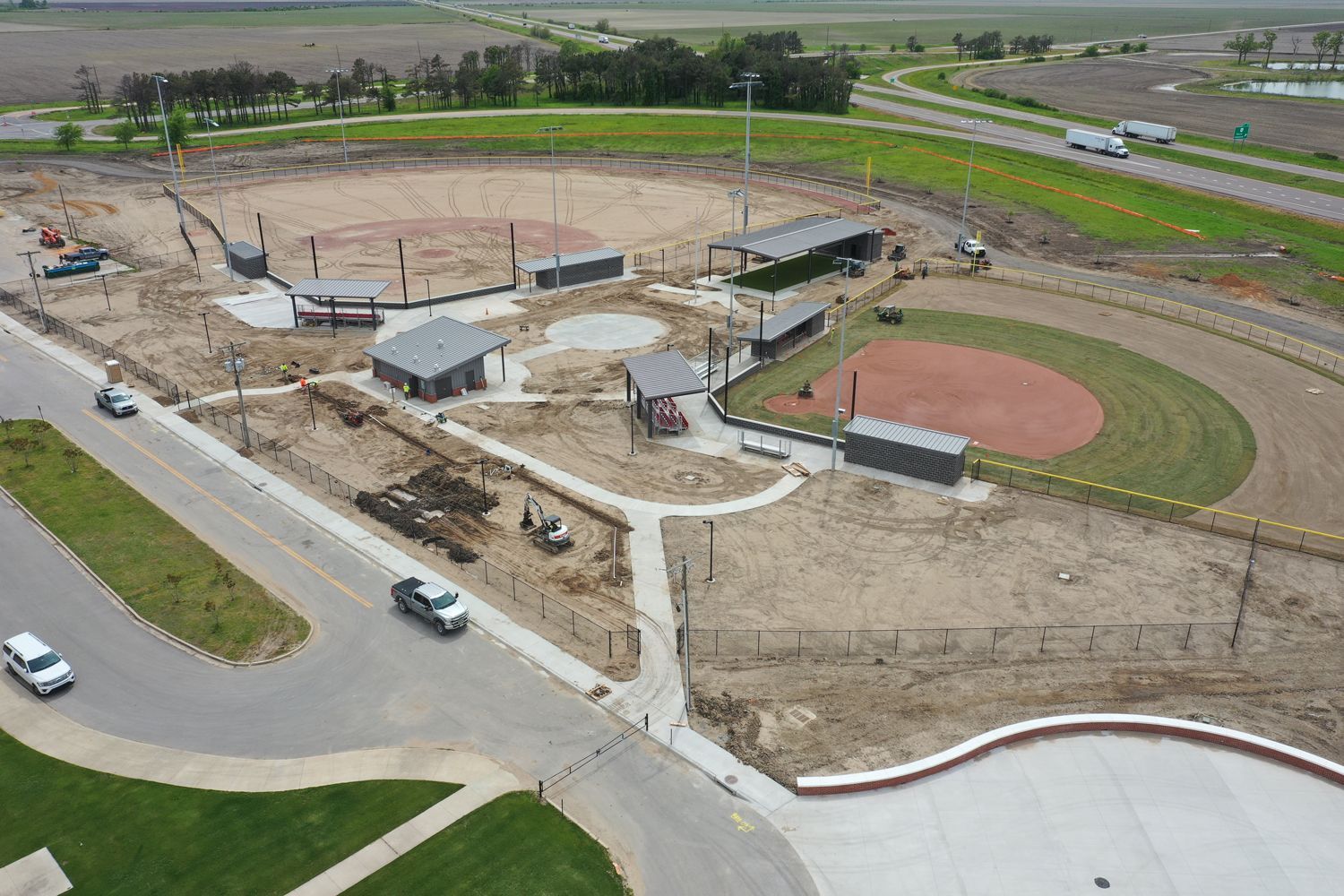 An aerial view of a baseball field under construction.