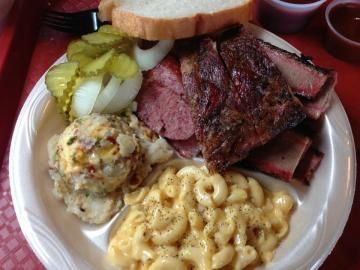 smoked brisket, macaroni, and potato salad