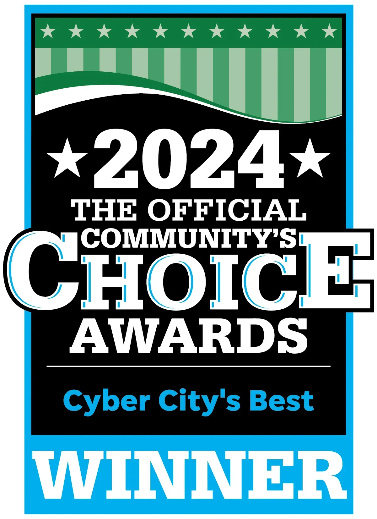 2024 Official Community’s Choice Awards winner badge for Cyber City’s Best, in black, teal, and white.