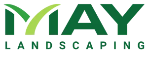 MAY Landscaping logo in green and white with stylized leaf graphic