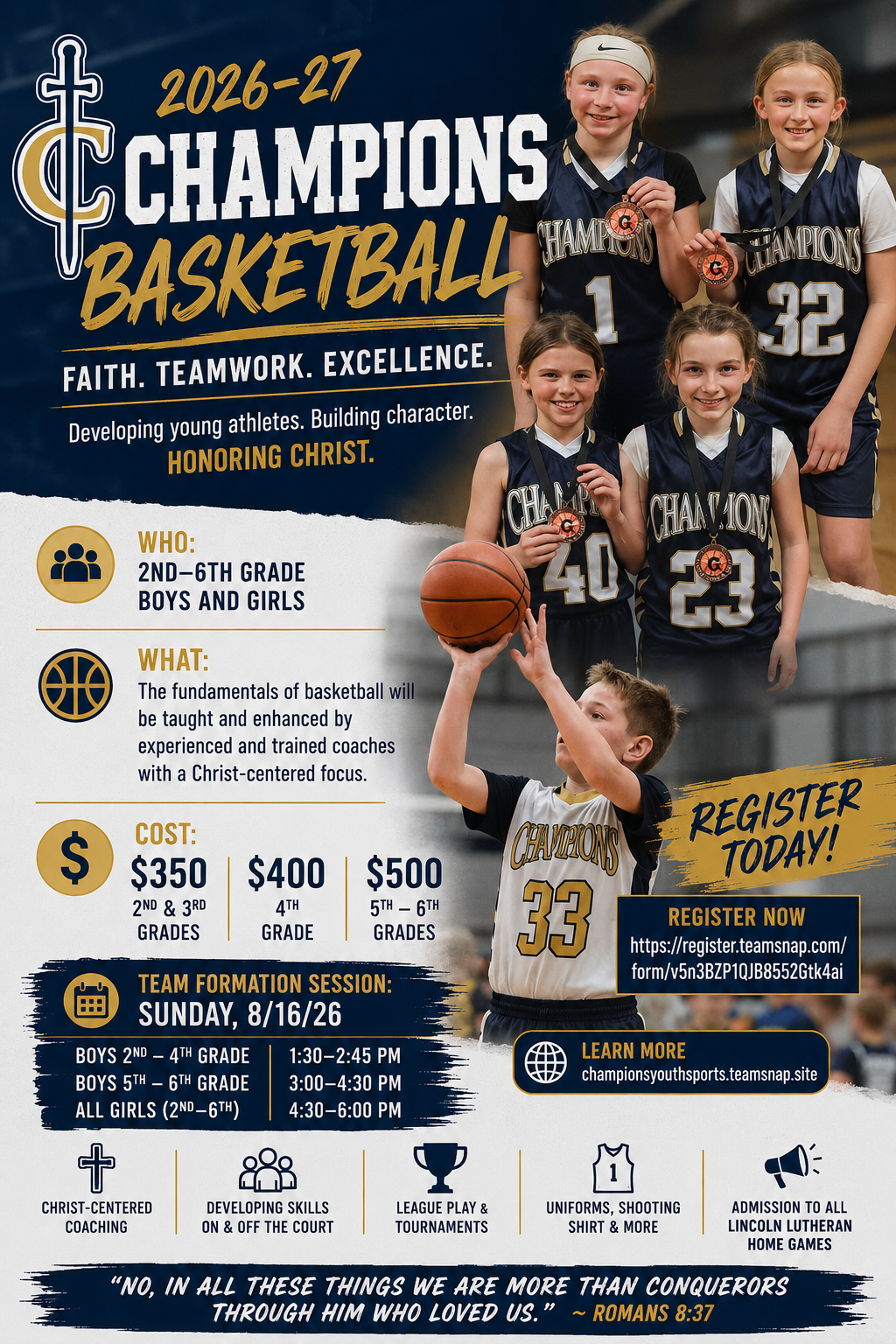 2026–27 Champions Basketball youth camp flyer with players, dates, prices, and registration details